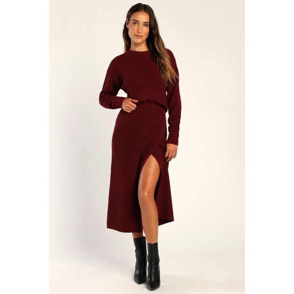 Lulus Autumn Sweetheart Burgundy Waffle Knit Two-piece Sweater Dress Red